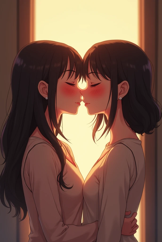 Adult twin sisters with different hair styles blushing after sharing a kiss.