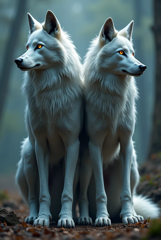 a majestic gray wolf, realistic, tall, side by side, horns, orange eyes, elf ears, perfect anatomical body, wide angle view, cinematic lighting, dramatic colors, highly detailed, 8k, photorealistic