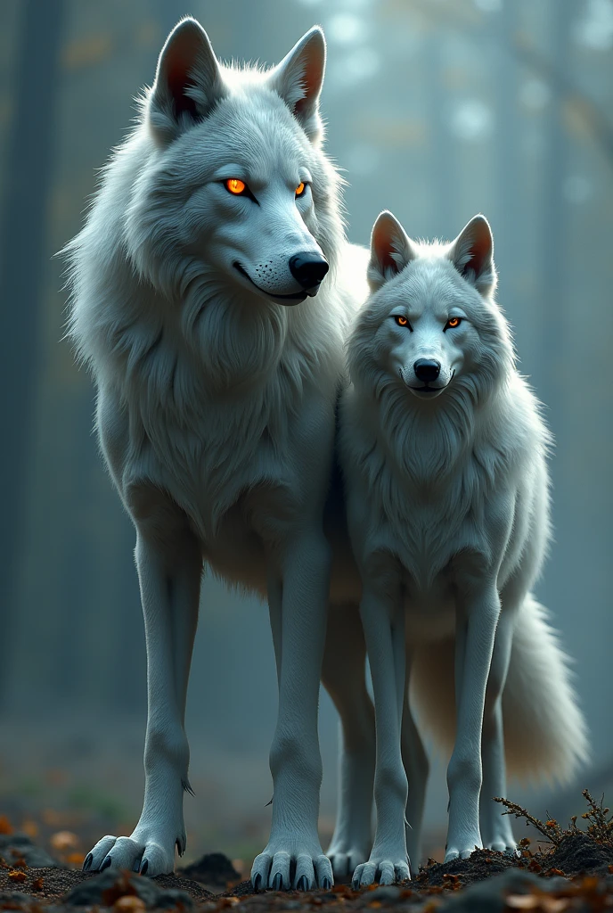 a majestic gray wolf, realistic, tall, side by side, horns, orange eyes, elf ears, perfect anatomical body, wide angle view, cinematic lighting, dramatic colors, highly detailed, 8k, photorealistic