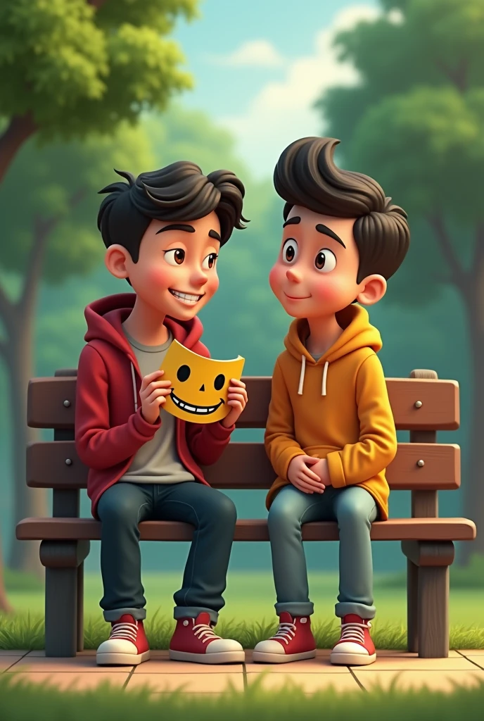 Animation Two friends sitting on a park bench. One of them holds a smiling mask that is falling from his face., revealing an expression of envy or disdain underneath. The other friend looks forward, oblivious to the other's true nature.