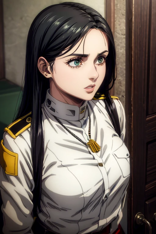 1 woman aged 35, long black hair, greeneyes, necklace on the neck, White military uniform, marley, liberia, Masterpiece artwork, best qualityer, retina, super detaill, 