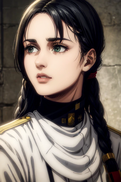 1 woman aged 35, long black hair, greeneyes, necklace on the neck, White military uniform, marley, liberia, Masterpiece artwork, best qualityer, retina, super detaill,