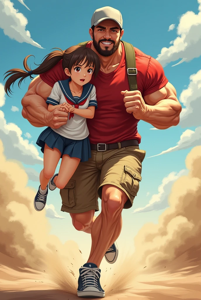 Muscular man wearing a shirt with long shorts Long loose shorts With pockets on the sides with converse sneakers red T-shirt and brown shorts Long short, Normal musculature With beard and baseball cap Realistic musculature. Carrying in his arms Short petite adult woman with long pigtails and school uniform Sailor uniform with short skirt While running very fast kicking up dust anime style 2D
