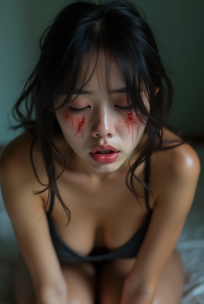 (masterpiece, highest quality:1.2)、girl、(squat)、(leaning forward)、(bra)、(sex:1.3)、(eyes half closed)、(large tears)、(lots of drool:1.3)、The body shakes violently、((Hasselblad Photos))、[:(detailed face:1.2):0.2]、