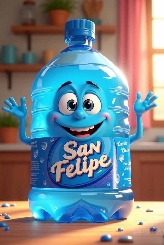A 20-litre water container animated with the brand “San Felipe”