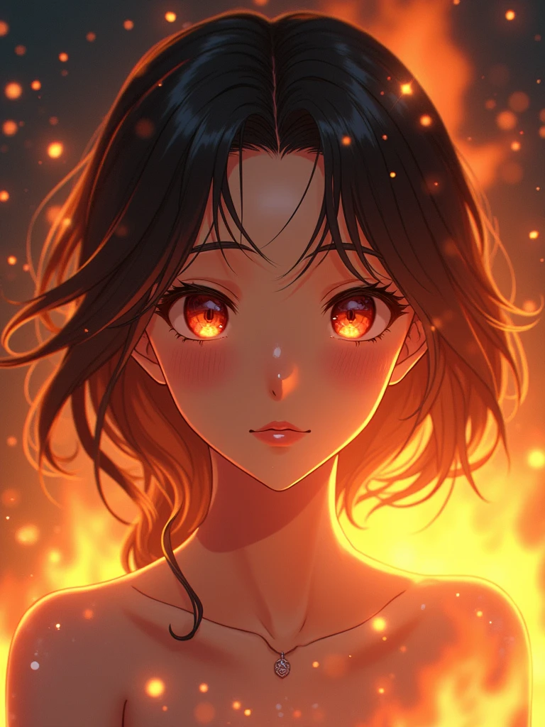 A beautiful anime girl with glowing hair looking directly into the camera, her face illuminated by the flames of a fire burning behind her. Sparks fly from the fire, and the girl smiles. The image is in ultra-high definition, and the girl's features are delicate and detailed.
