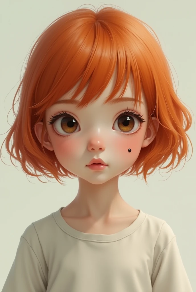 Create an image of a short red-orange haired girl with a black mole on her realistic white cheek