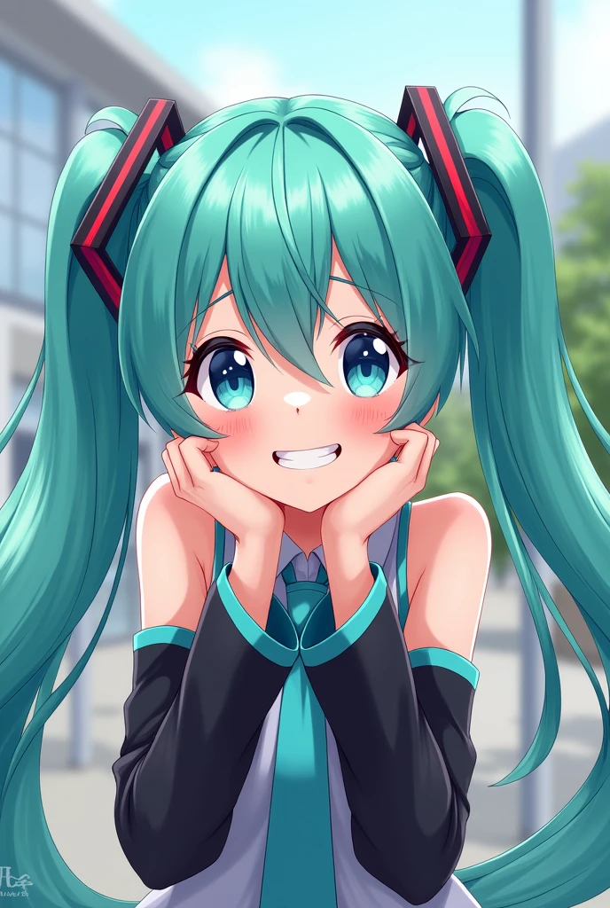 Hatsune Miku looking at me with a grin 2D