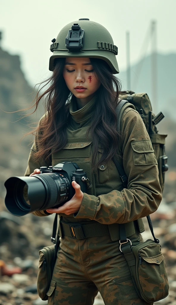 Photo-realistic, ultra-realistic, (very beautiful Japanese, famous Japanese idol:1.3), Fully equipped for battle, (painful impressions, crying:1.3), (wearing an army soldier's Camouflage outfits with military helmet:1.5), (at a battle field), very large breasts, (tactical vest, military harness:1.3), (military long boots:1), dynamic angle, spectacular, (muddied, damaged wears, damaged body:1.3), (Army archivist photographer), (holding Pentax camera with huge telephoto lens:1.3), aim and shoot