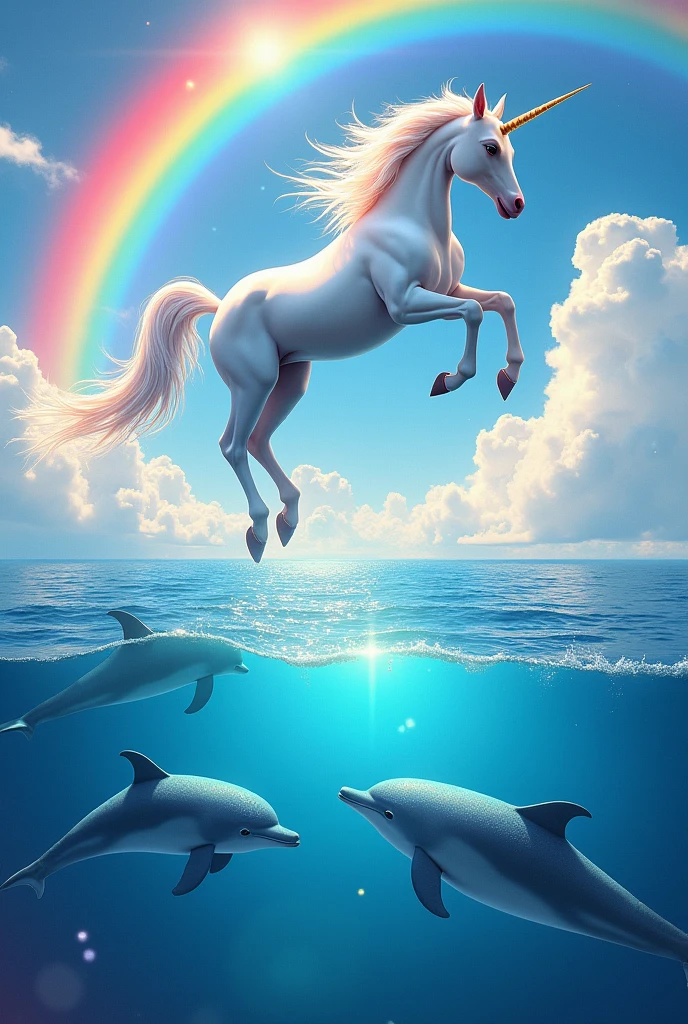Generate some dolphins with a unicorn above the sea with a rainbow and many pretty colors