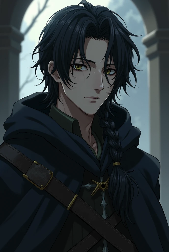 Fantasy Character. adult man, shoulder length black hair with a braid on the left side and dark black eye, fair skin with dark circles under the eyes, a lazy, sleepy expression. Medieval era anime style. Wearing an old black cloak.