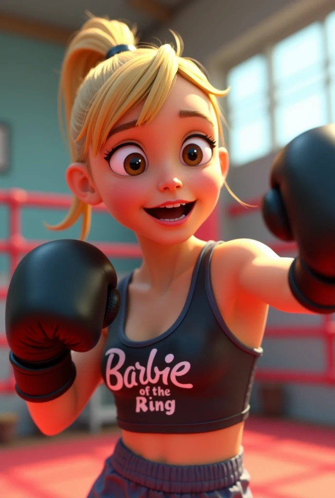 Blonde girl with her hair tied in a high ponytail, round, slightly almond-shaped brown eyes, snub nose, rosy cheeks and slightly full lips, is wearing black boxing gloves and a tank top that says " BARBIE OF THE RING" is smiling and excited in the fighting ring, one hand is in front of you punching the air and the other is in a defensive position, animation comes to life with Pixar 3D magic