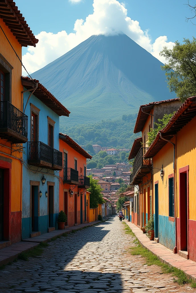 (GENERATE A HIGH RESOLUTION IMAGE OF ANTIGUA GUATEMALA WITH ITS COBBLED STREETS AND THE AGUA VOLCANO)
