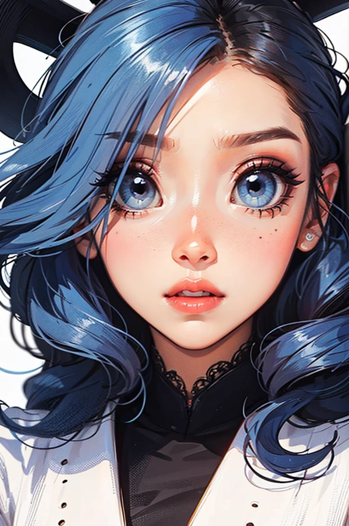 hair: long and curly. eye color: blue. eyeballs: big and expressive.