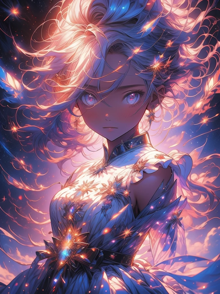 a picture taken from a digital painting of a girl in a dress, beautiful anime artwork, wearing a dress made of stars, beautiful anime art, makoto shinkai cyril rolando, magical dress, anime fantasy illustration, anime fantasy artwork, ethereal anime, anime girl with cosmic hair, dreamlike art, cosmic skies. by makoto shinkai, anime art wallpaper 4 k