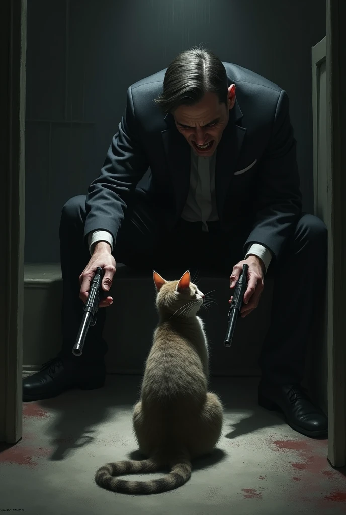 A picture of a person who wants to kill a cat with a gun and the cat is sitting with its eyes closed