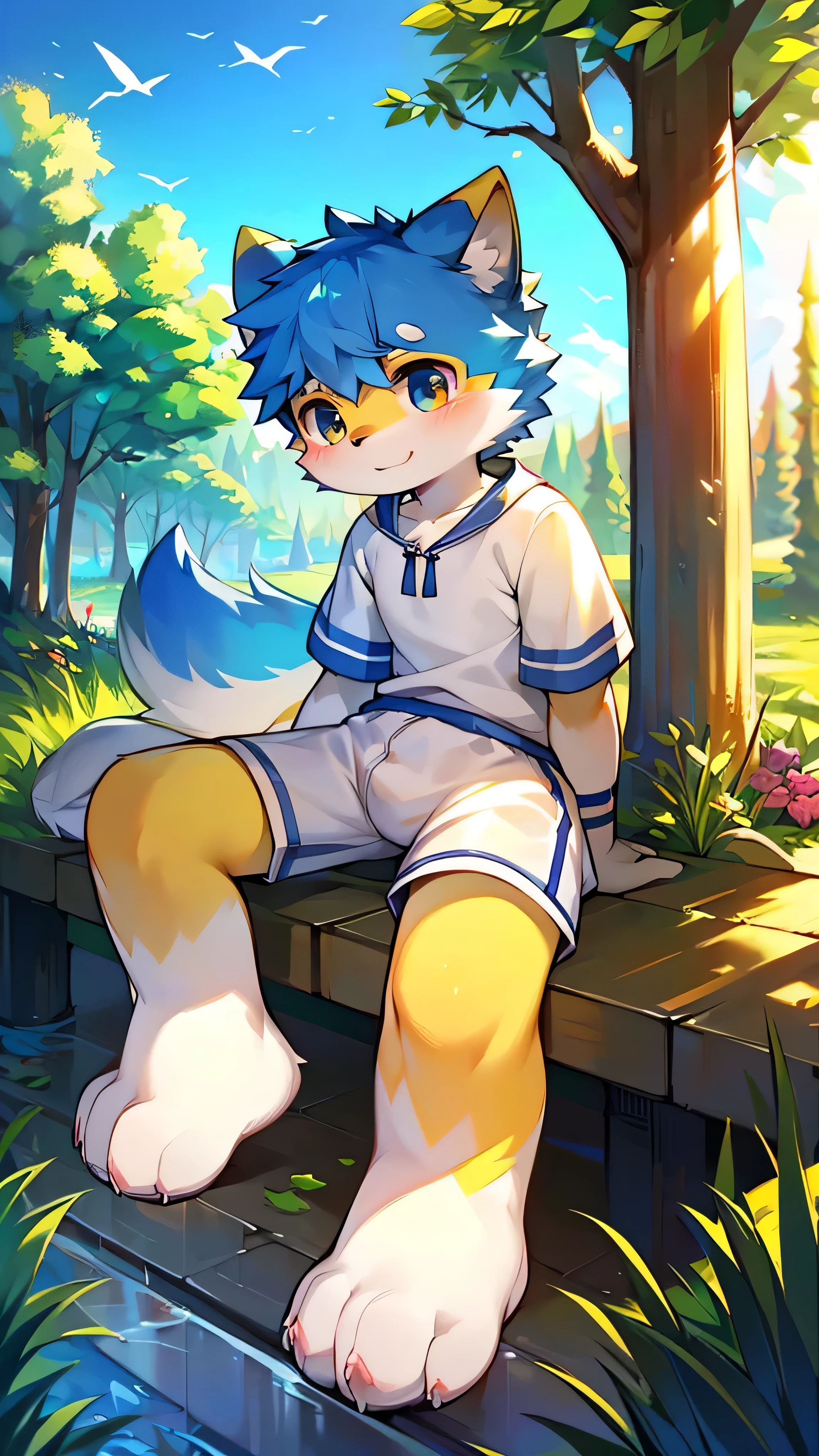 Features,super high quality,Very detailed,High resolution,超High resolution,Detailed Background,countryside,Not very detailed,超High resolution,Horny boy always details,超High resolution,Horny boy(Photos of solo travelers) (kemono,Furry Personification),Fluffy fur,かわいい耳のFeatures,Blue fur,dog,Wear a swimsuit,White clothes,bright,Shorts,alone