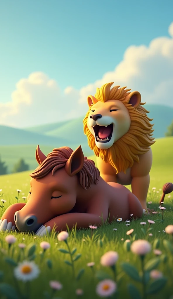 A horse is sleeping, and a lion is barking.