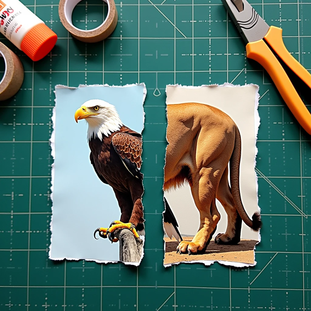 2 flat tear papers from magazine are put on the big green cutting mat. (First flat Tear paper is torn around the photo of eagle with only head claws and spread wings on side view on sky background), (second flat tear paper is torn around the photo of lion hip, back legs and tail on side view on safari background), two papers are put on side by side, perspective view, (glue stick, tape, cutter on the mat)