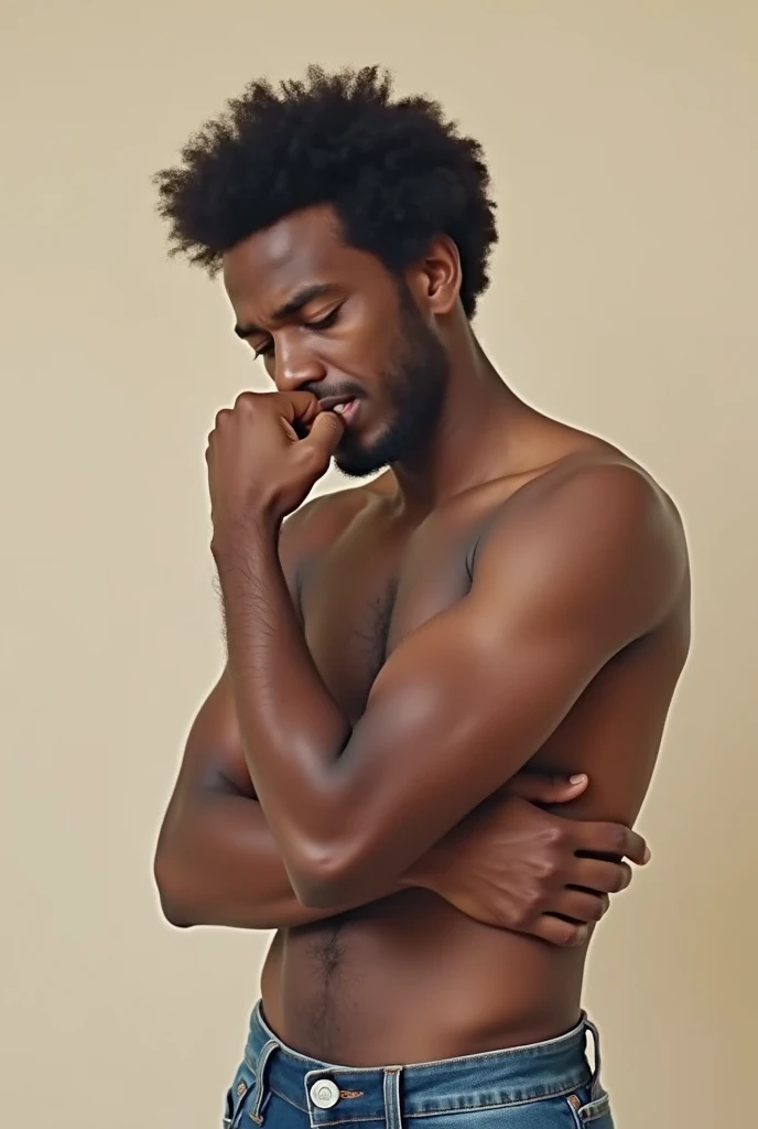 A Melanesian man with dark brown skin and afro-textured hair is depicted coughing into his bent elbow, emphasizing proper hygiene to prevent the spread of germs. he stands against a plain background 