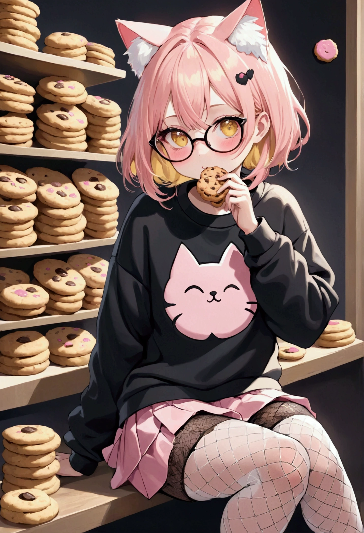that she has a shy face that she has yellow hair, cat ears, black glasses, pink eyes, a super blushed pink sweatshirt, a low skirt, black shorts, white fishnet stockings that she is a super reserved girl sitting eating cookies