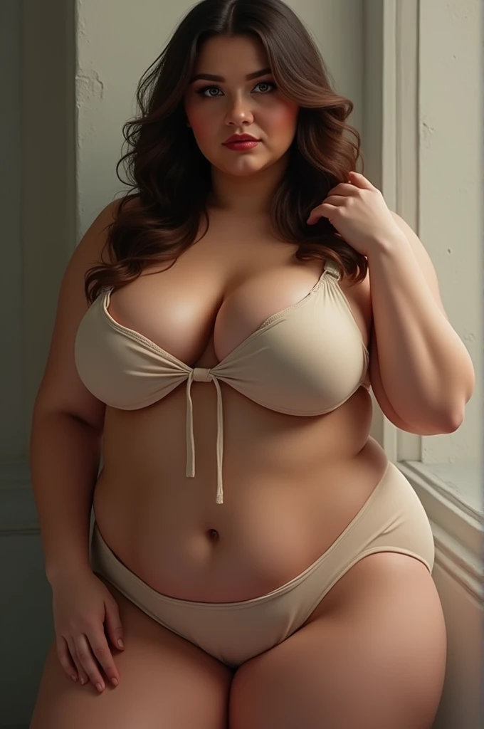 overweight woman, young, 25 years old, laughing, happy,revealing dress, (Masterpiece: 1.3), (Maximum resolution: 1.2), (Detailed eyes and skin), (Detailed facial features), HDR, 8k resolution,bikini