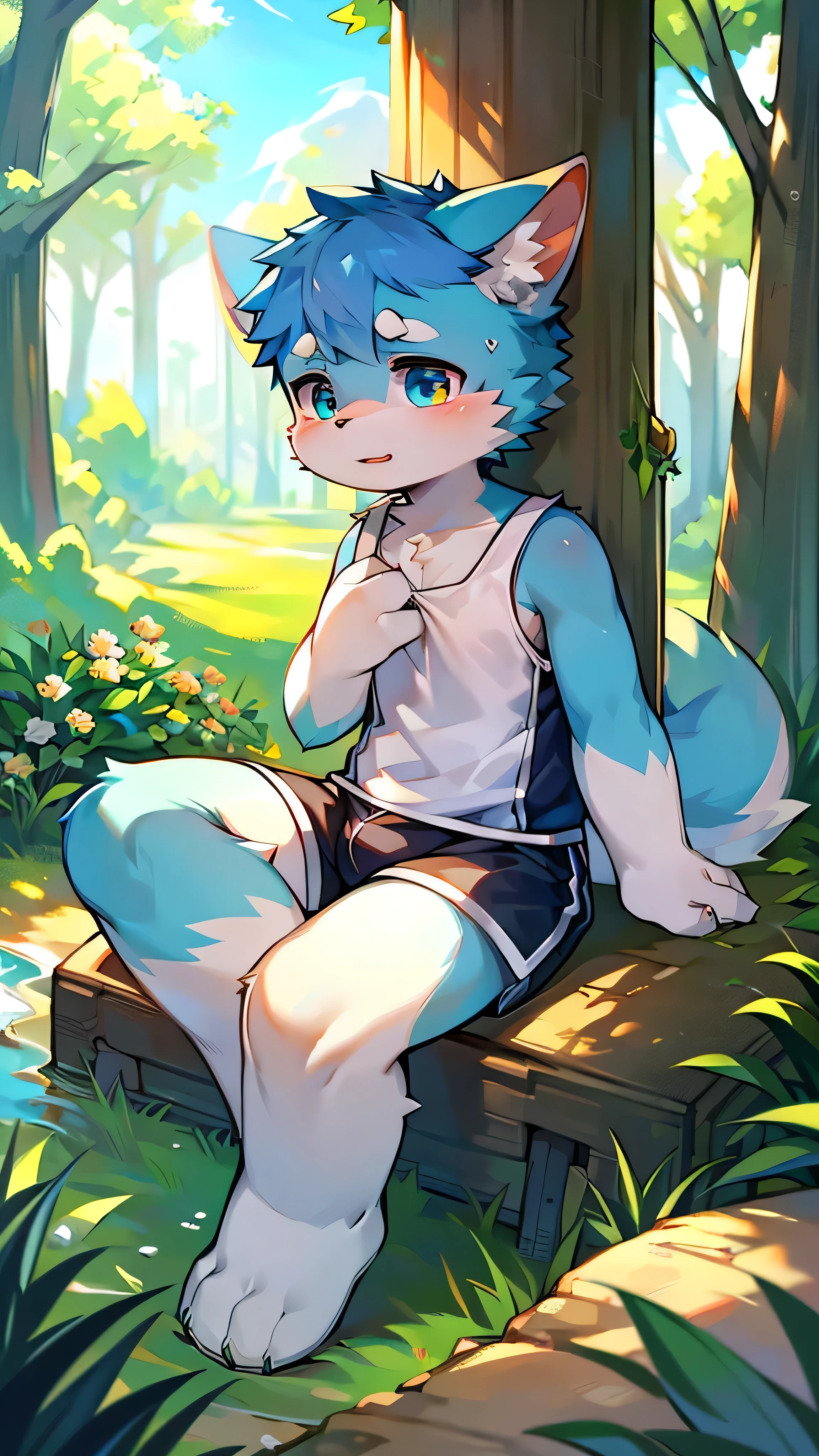 Features,super high quality,Very detailed,High resolution,超High resolution,Detailed Background,countryside,Not very detailed,超High resolution,Horny boy always details,超High resolution,Horny boy(Photos of solo travelers) (kemono,Furry Personification),Fluffy fur,かわいい耳のFeatures,Blue fur,dog,Wear a swimsuit,White clothes,bright,Shorts,alone