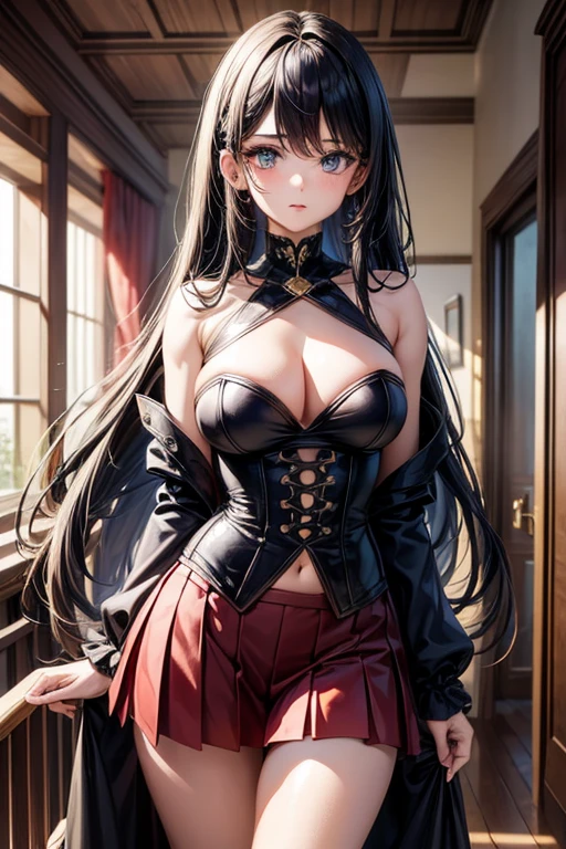 masterpiece,best quality,highly detailed,high resolution,4K,8K,super detailed skin,detailed beautiful eyes,detailed beautiful face,solo,BREAK,full body,standing,arm behind back,BREAK,babyface,cute,age,toned,huge breasts,BREAK,(navy blue hair:1.2),(long straight hair:1.3),french braid,hairs between eyes,BREAK,big eyes,(slanted eyes:1.3),sapphire eyes,long eyelashes,mole under eye,choker,BREAK,NSFW,(luxurious bustier:1.3),(halterneck bustier:1.2),bare shoulders,(red pleated miniskirt:1.2),cameltoe,BREAK,staircase landing,