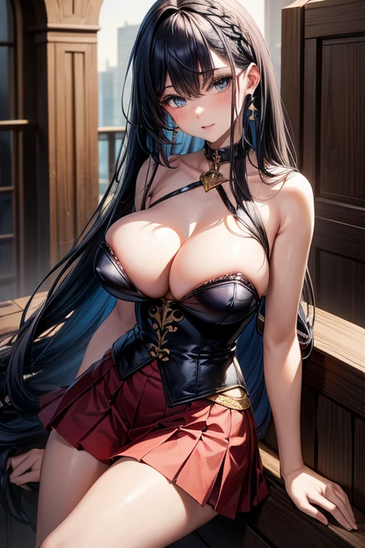 masterpiece,best quality,highly detailed,high resolution,4K,8K,super detailed skin,detailed beautiful eyes,detailed beautiful face,solo,BREAK,full body,standing,arm behind back,BREAK,babyface,cute,teenage,toned,huge breasts,BREAK,(navy blue hair:1.2),(long straight hair:1.3),french braid,hairs between eyes,BREAK,big eyes,(slanted eyes:1.3),sapphire eyes,long eyelashes,mole under eye,choker,BREAK,NSFW,(luxurious bustier:1.3),(halterneck bustier:1.2),bare shoulders,(red pleated miniskirt:1.2),cameltoe,BREAK,staircase landing,