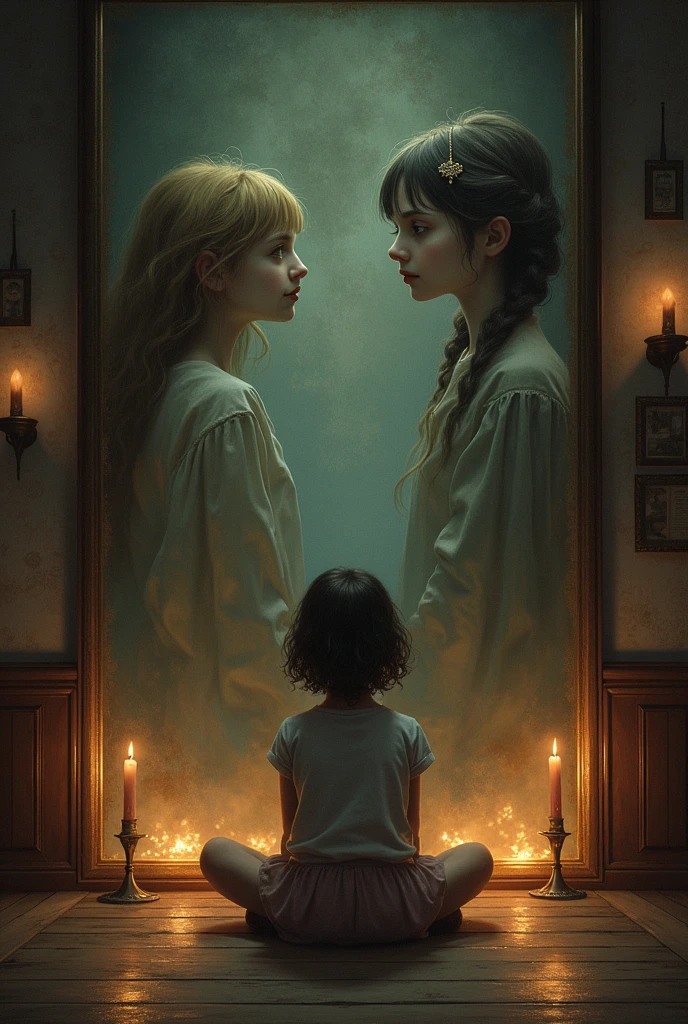 Girl in a room listening to the man and woman in the paintings talking to her