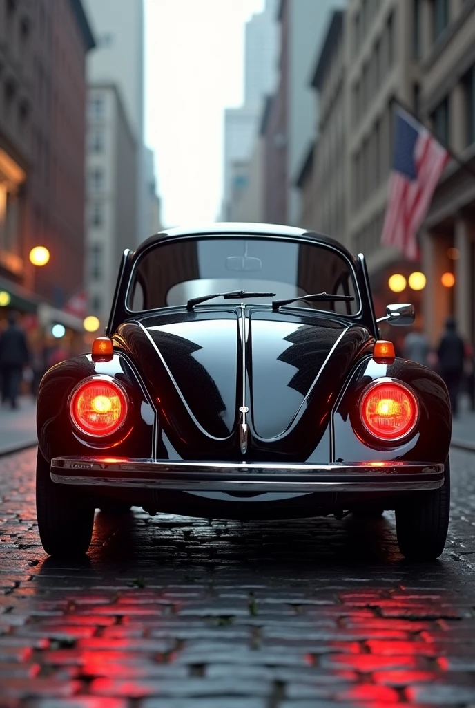 Create 1 image with a street background with only a beautiful black 1980 Beetle car with two red headlights
