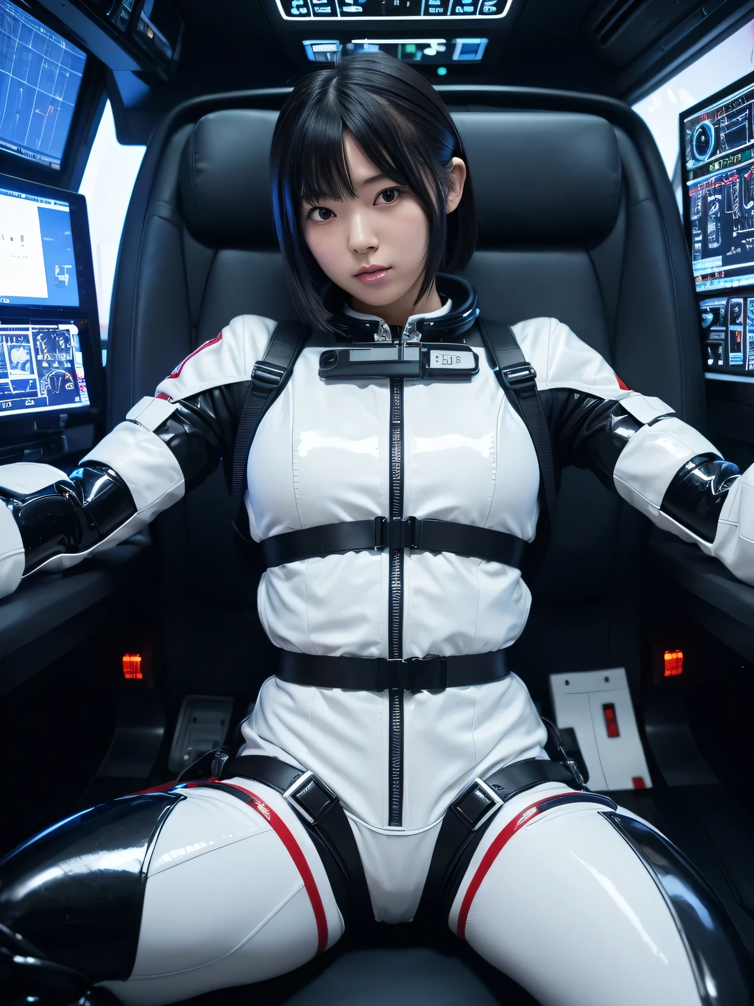 Japanese female android,Black Hair,He is securely fastened to his cockpit seat in a spacecraft by a thick harness.,Chubby,Spread your legs,Squat,Shiny white robot suit,Robotic arms and legs,Surrounded by switches and monitors,