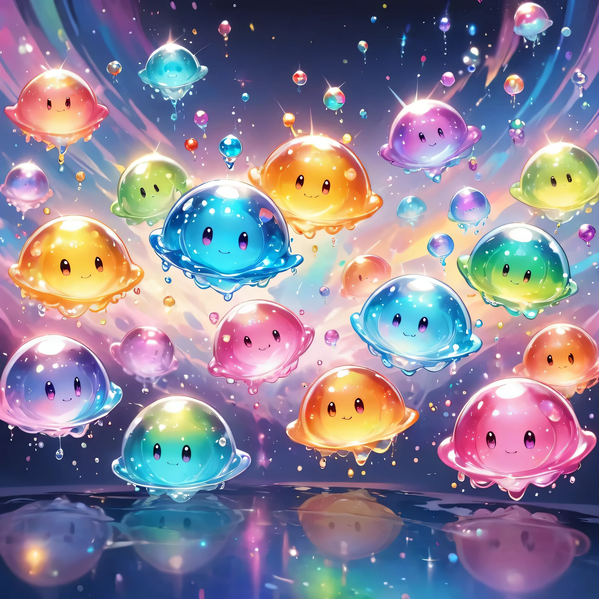 Cute aliens, All in one, Tiny nuclei that shine in fantastical rainbow colors,and a completely melted jelly fusion, Very transparent material, High viscosity, Elasticity due to surface tension, Holographic sparkling reflections, Create an engaging impression on your audience