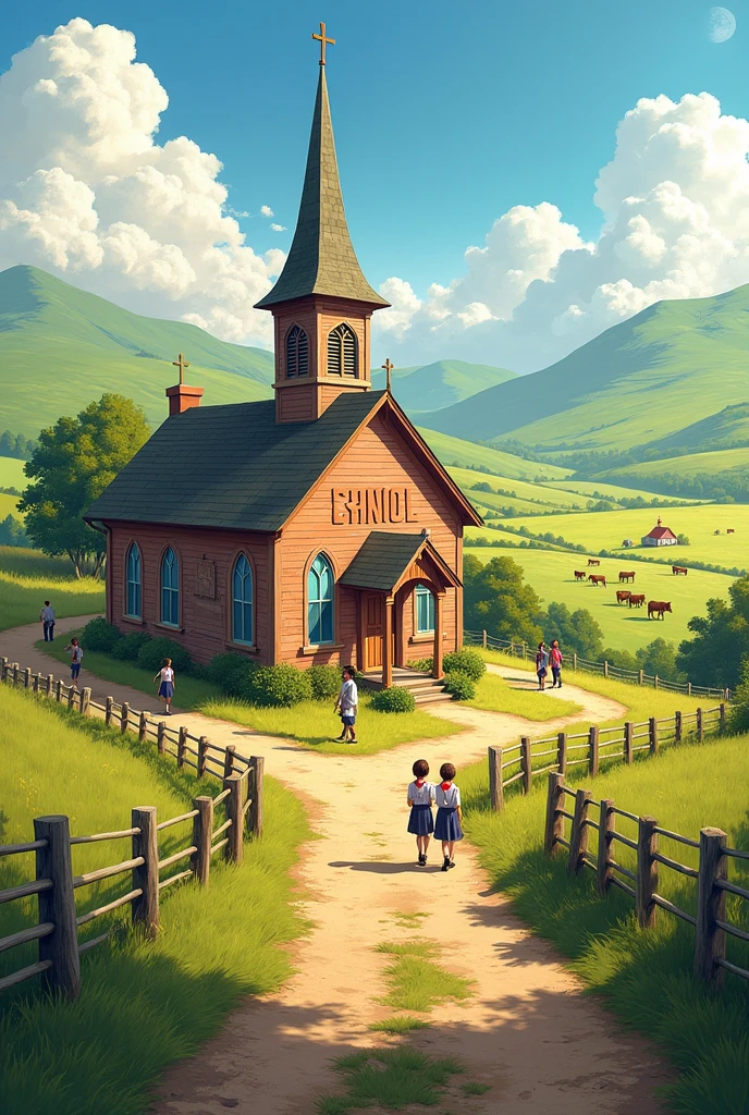 a school, with a church in the middle of a cattle farm