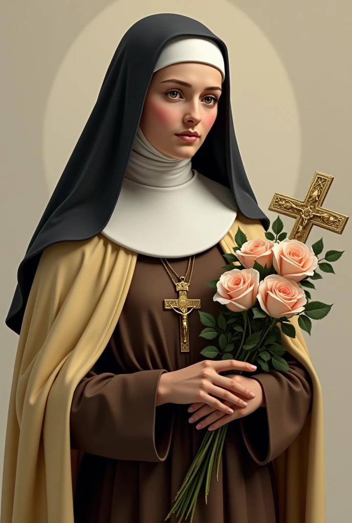 Generates an image of Saint Therese, dressed in a brown habit, black veil, a light yellow cloak over the habit, a religious nun, holding a bouquet of roses and a crucifix. she is portrayed with a contemplative expression, reflecting his deep spirituality and communion with God, she has on average 24