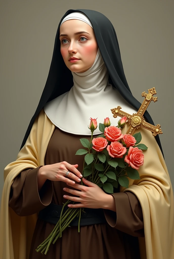 Generates an image of Saint Therese, dressed in a brown habit, black veil, a light yellow cloak over the habit, a religious nun, holding a bouquet of roses and a crucifix. she is portrayed with a contemplative expression, reflecting his deep spirituality and communion with God, she has on average 24