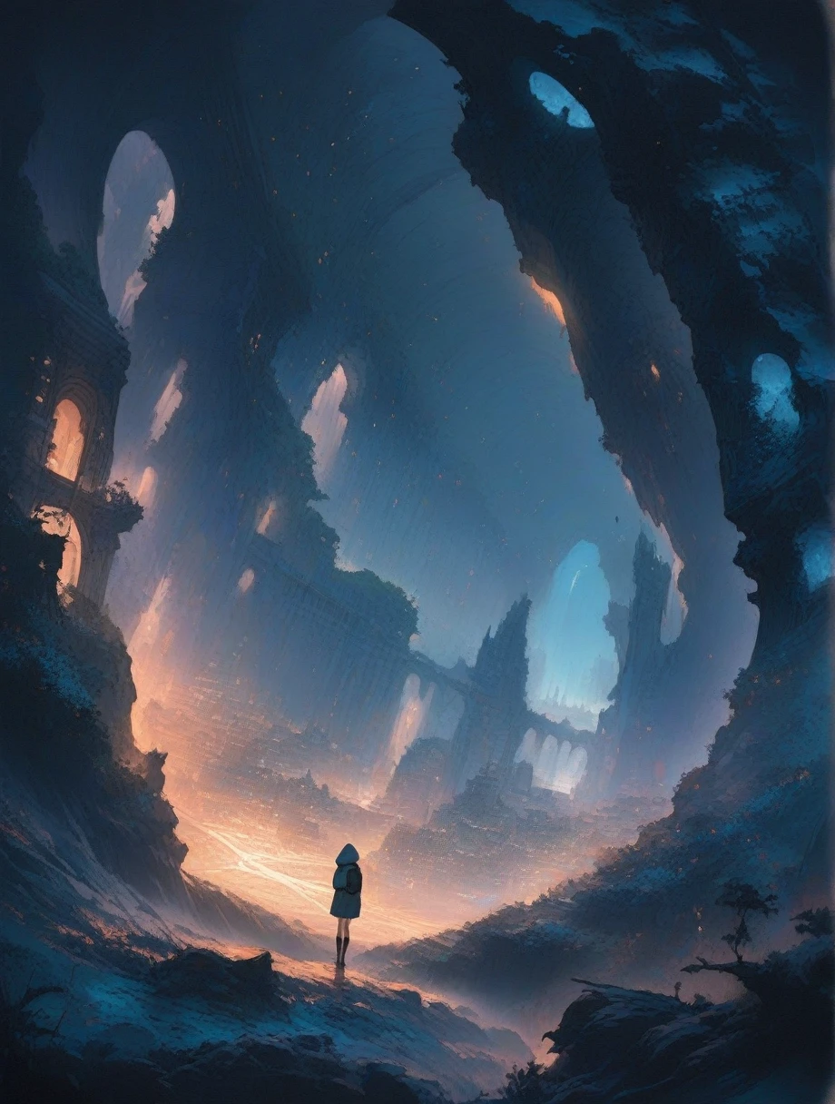 score_9, score_8_up, score_7_up, score_アニメ, masterpiece, best quality, delicate illustration, sharp line, sharp focus, BREAK,Traveler girl wandering in the ruins of endless night, the girl is wearing a hood, a lot of baggage in her backpack., night、City of the Future、Fantastic landscape、Beautiful Landscape、Harmony with Nature
