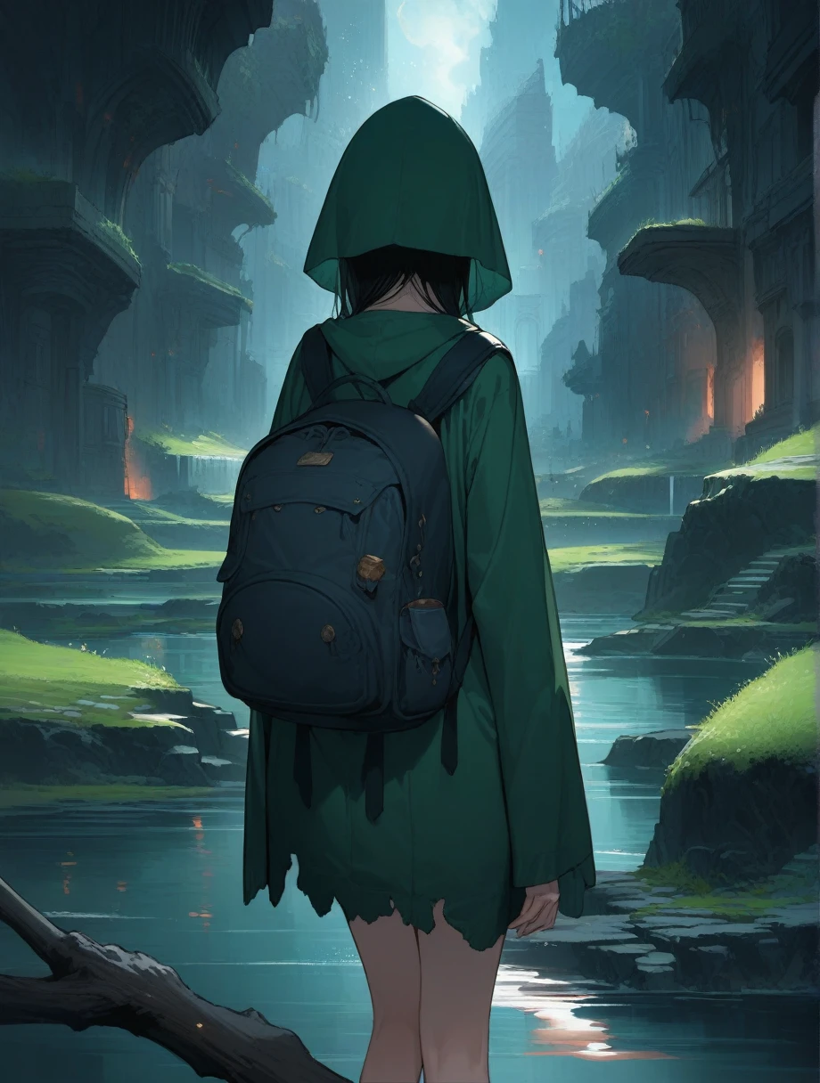 score_9, score_8_up, score_7_up, score_アニメ, masterpiece, best quality, delicate illustration, sharp line, sharp focus, BREAK,Traveler girl wandering in the ruins of endless night, the girl is wearing a hood, a lot of baggage in her backpack., night、City of the Future、Fantastic landscape、Beautiful Landscape、Harmony with Nature