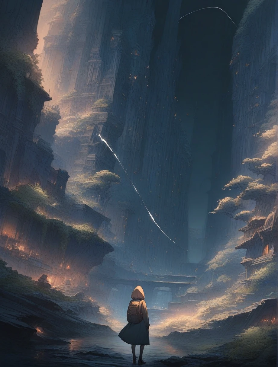 score_9, score_8_up, score_7_up, score_アニメ, masterpiece, best quality, delicate illustration, sharp line, sharp focus, BREAK,Traveler girl wandering in the ruins of endless night, the girl is wearing a hood, a lot of baggage in her backpack., night、City of the Future、Fantastic landscape、Beautiful Landscape、Harmony with Nature
