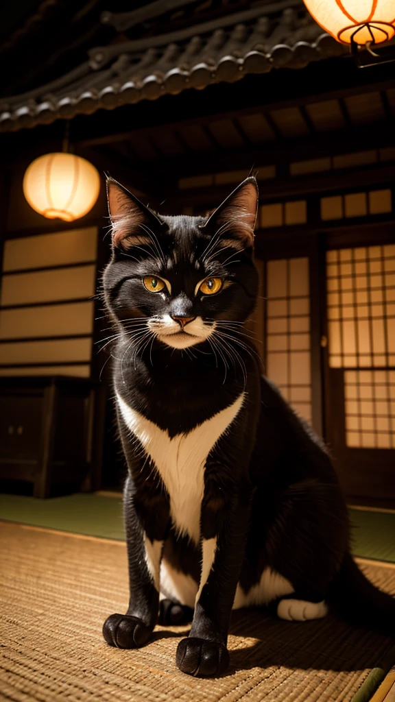 **Prompt:** Create an ultra-realistic 8K image of a Bakeneko, the shape-shifting cat from Japanese folklore, reimagined as the embodiment of ultimate Japanese horror while retaining its iconic features. The Bakeneko is depicted with sleek, midnight-black fur that blends with shadows. Its glowing amber eyes radiate a sinister intelligence. With elongated limbs and twin twisting tails, the creature’s sharp teeth and claws add to its eerie presence.

The background is a dimly lit traditional Japanese house, with worn tatami mats and creaking shoji doors. A single paper lantern casts flickering shadows, enhancing the oppressive atmosphere. The Bakeneko sits on a low wooden table surrounded by ancient relics, hinting at dark rituals. Ghostly figures lurk in the shadows, victims of the Bakeneko’s curse. The Bakeneko’s expression is cold, with a malevolent smile that embodies the terror of Japanese horror.