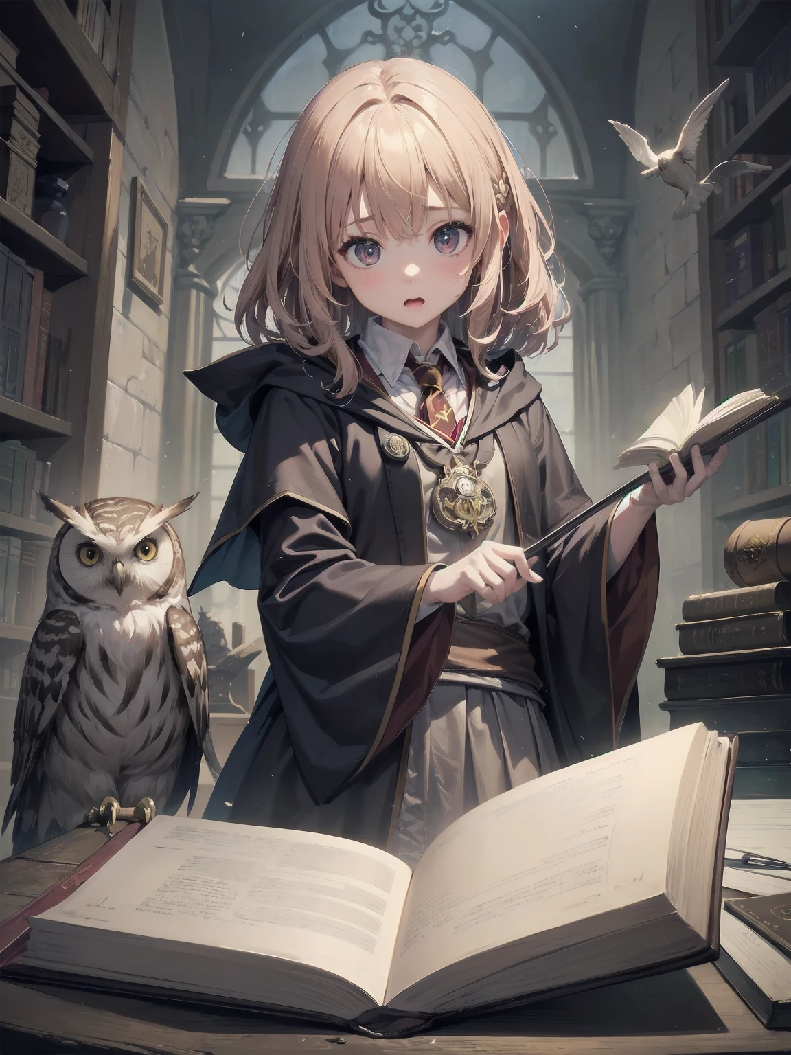 Masterpiece, Top Quality, Absurd, High Resolution, Subject Seismic, Animation Style Illustration with Mock Pause, 1 Girl, Solo, Cute random hairstyle, beautiful random expression and face, random age, slender, random clothing for situation,wizard robes, wand, magical castle, owl, spell book, (Hogwarts: 1.2), magic, wonder, (Harry Potter inspired: 1.3), mysterious atmosphere, details