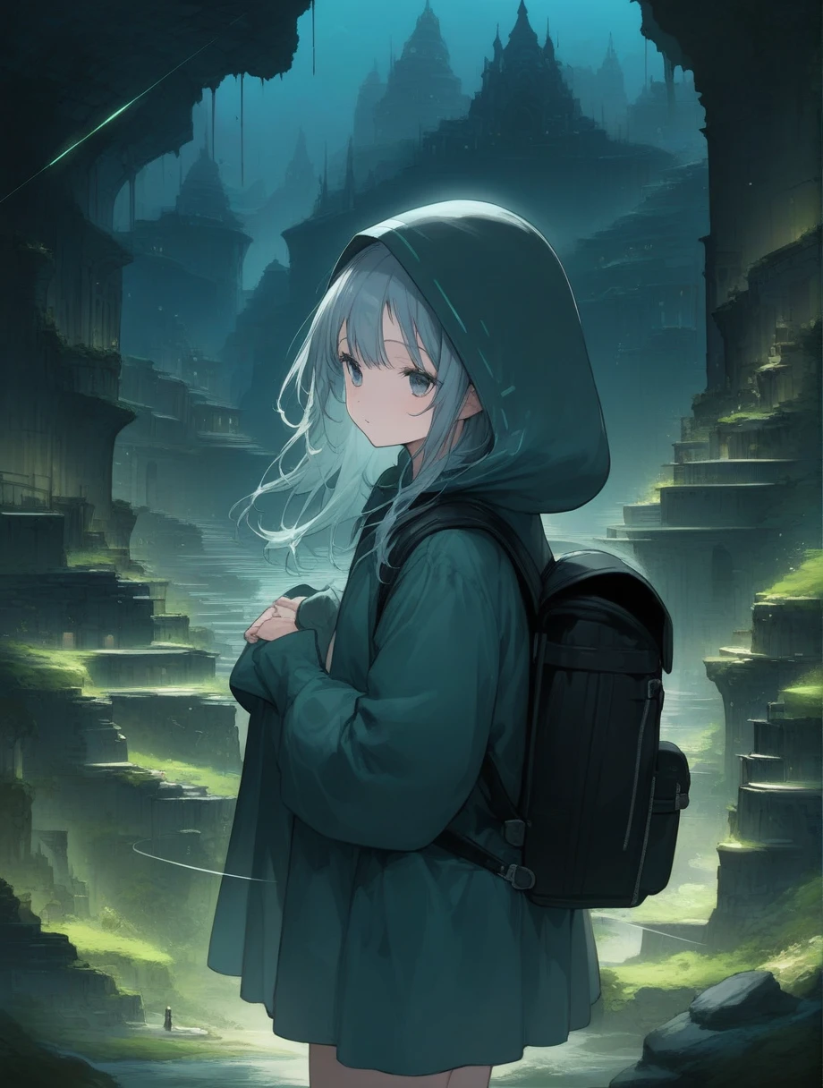 score_9, score_8_up, score_7_up, score_アニメ, masterpiece, best quality, delicate illustration, sharp line, sharp focus, BREAK,Traveler girl wandering in the ruins of endless night, the girl is wearing a hood, a lot of baggage in her backpack., night、City of the Future、Fantastic landscape、Beautiful Landscape、Harmony with Nature