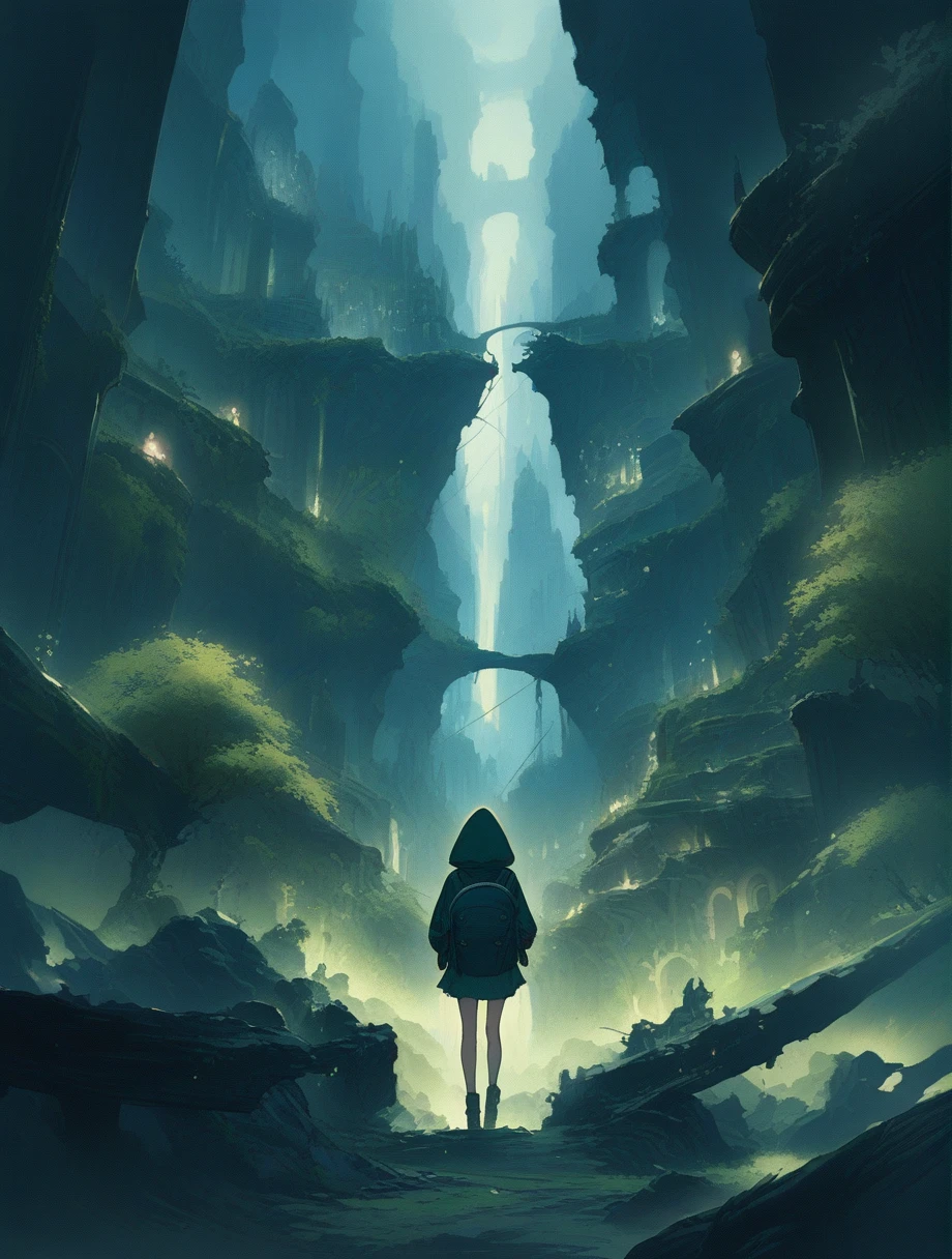score_9, score_8_up, score_7_up, score_アニメ, masterpiece, best quality, delicate illustration, sharp line, sharp focus, BREAK,Traveler girl wandering in the ruins of endless night, the girl is wearing a hood, a lot of baggage in her backpack., night、City of the Future、Fantastic landscape、Beautiful Landscape、Harmony with Nature
