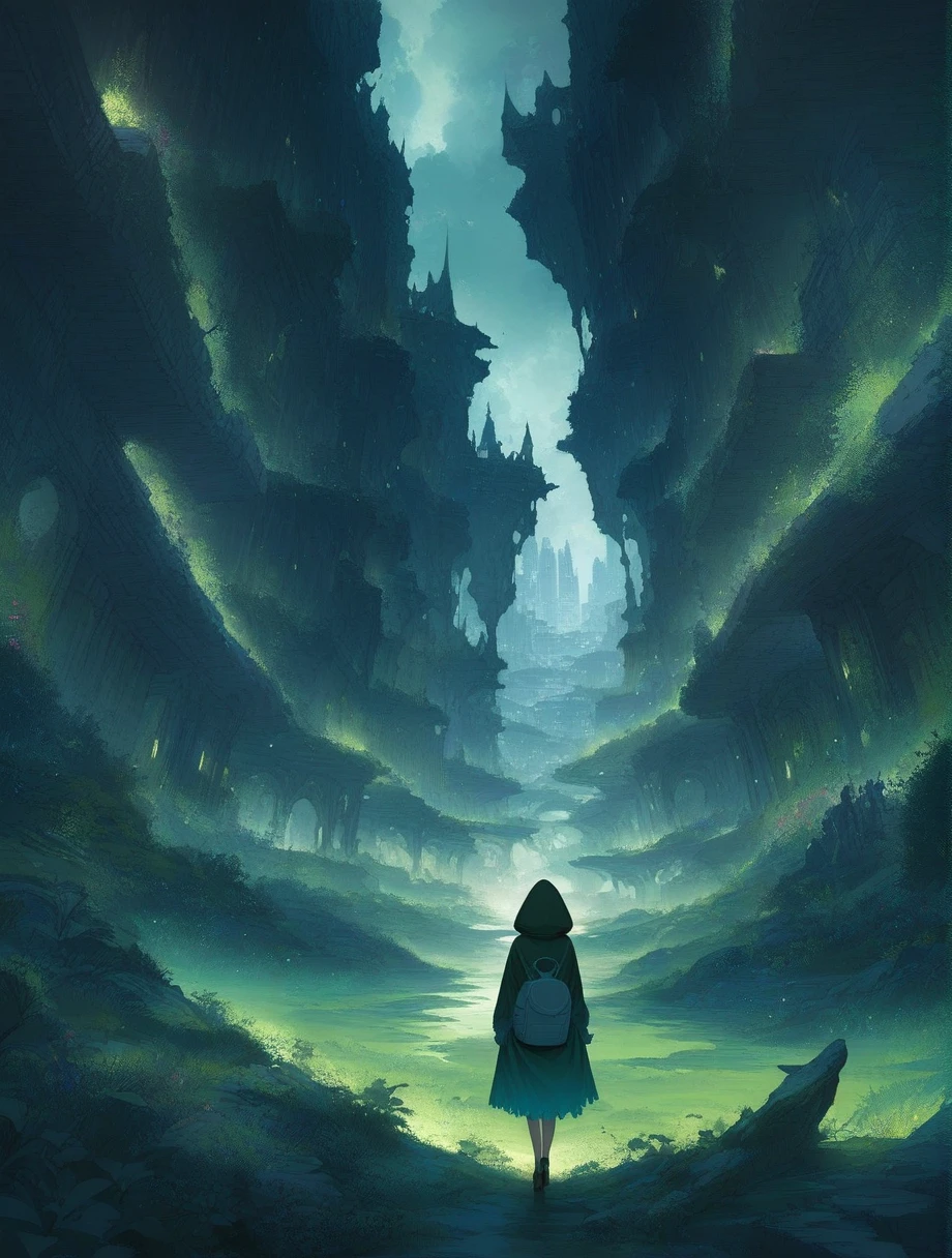 score_9, score_8_up, score_7_up, score_アニメ, masterpiece, best quality, delicate illustration, sharp line, sharp focus, BREAK,Traveler girl wandering in the ruins of endless night, the girl is wearing a hood, a lot of baggage in her backpack., night、City of the Future、Fantastic landscape、Beautiful Landscape、Harmony with Nature