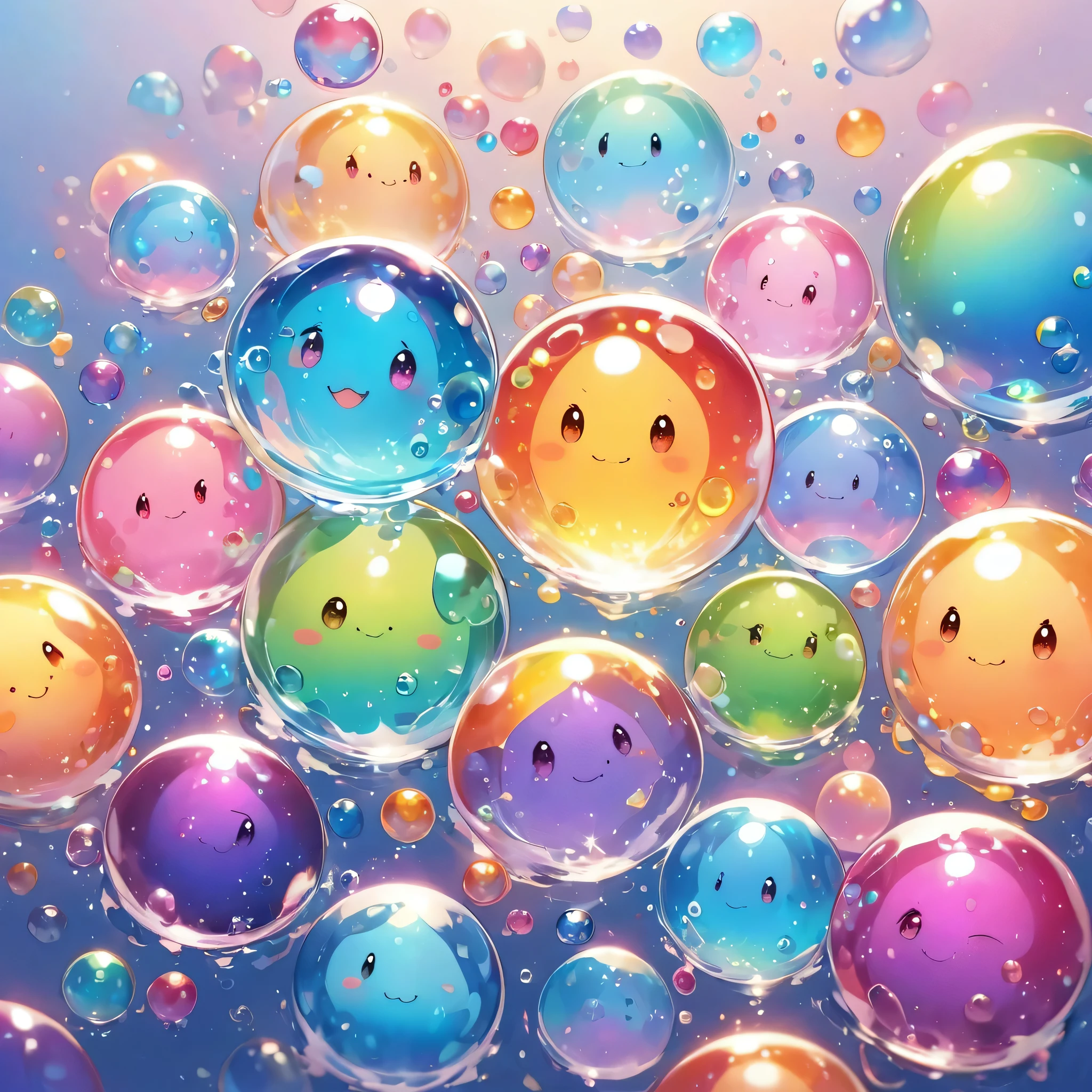 Cute aliens, All in one, Tiny nuclei that shine in fantastical rainbow colors,and a completely melted jelly fusion, Very transparent material, High viscosity, Elasticity due to surface tension, Holographic sparkling reflections, Create an engaging impression on your audience