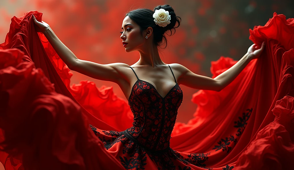 (photorealism:1.2), beautiful woman, beautiful flamenco dancer, black hair tied in a bun with a white rose fancy dress, arms raised in dance pose, Shocking image, bright colors, dramatic lighting, red and black dress
