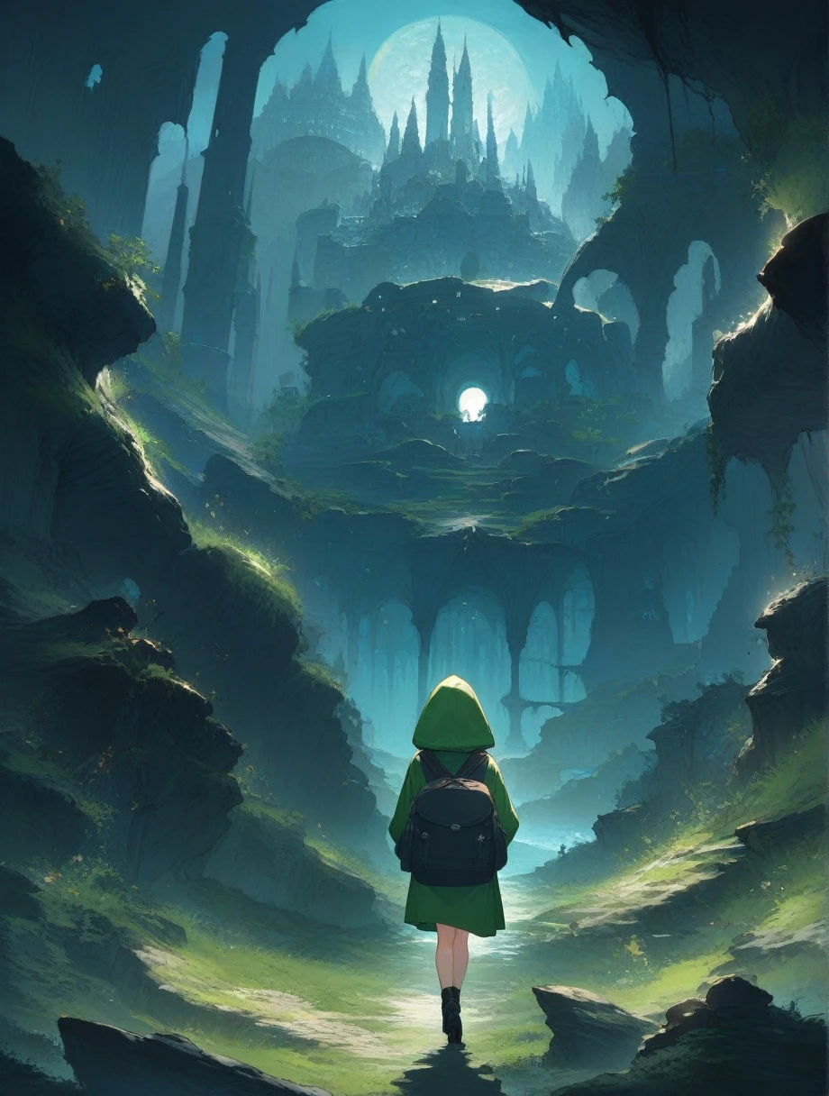 score_9, score_8_up, score_7_up, score_アニメ, masterpiece, best quality, delicate illustration, sharp line, sharp focus, BREAK,Traveler girl wandering in the ruins of endless night, the girl is wearing a hood, a lot of baggage in her backpack., night、City of the Future、Fantastic landscape、Beautiful Landscape、Harmony with Nature