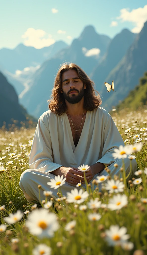 maximum quality, artwork, ultra-high resolution, beautiful and whimsical illustration of Jesus sitting in a field of spring wildflowers picking wildflowers, White spring butterflies are hovering around, Sunlight shines serenely creating incredible textures on Jesus' body, Beautiful alpine mountains in the distance, Front 2D camera perspective creating an optical illusion, 3D render, UHD, HDR, in surrealistic retro science-fiction art collage style