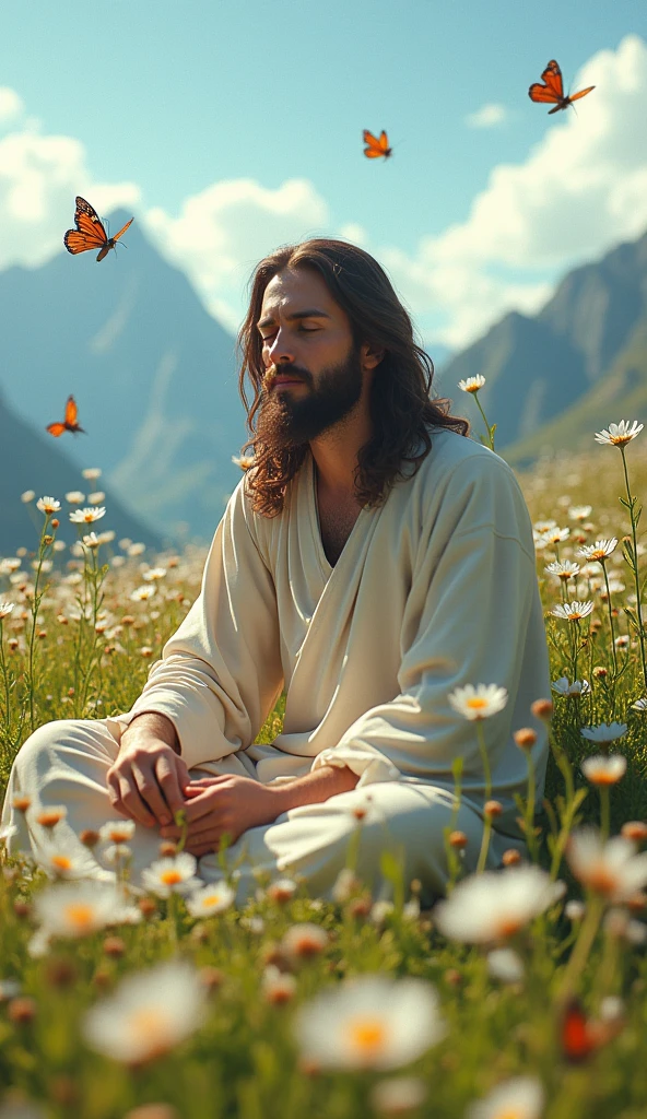 maximum quality, artwork, ultra-high resolution, beautiful and whimsical illustration of Jesus sitting in a field of spring wildflowers picking wildflowers, White spring butterflies are hovering around, Sunlight shines serenely creating incredible textures on Jesus' body, Beautiful alpine mountains in the distance, Front 2D camera perspective creating an optical illusion, 3D render, UHD, HDR, in surrealistic retro science-fiction art collage style