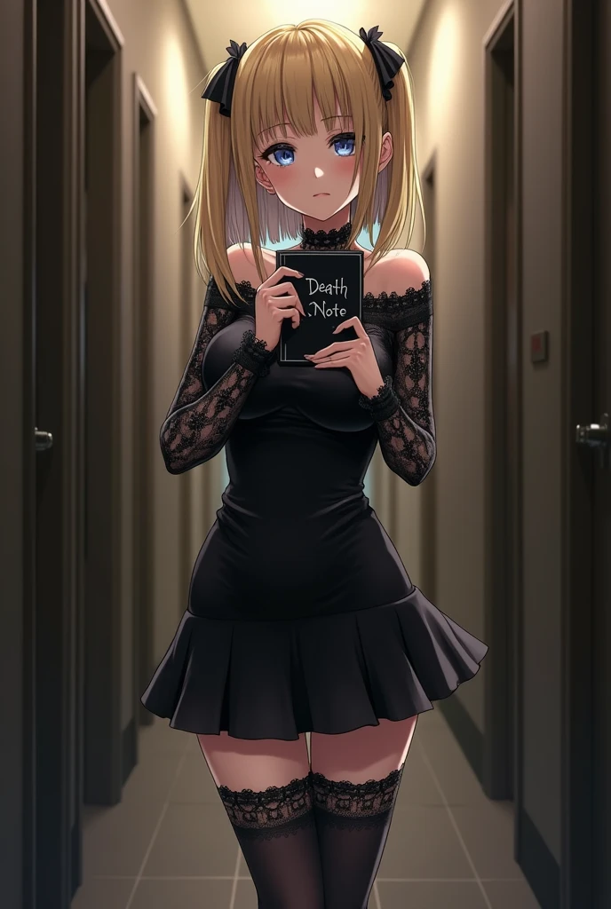 1 girl, (masterpiece), best quality, expressive eyes, perfect face, Misa Amane, busty, blue eyes, shoulder length straight blonde hair in small pigtails with hair straight hair down to her shoulders, black lace goth dress, black lace arm stockings, black thigh highs, black high heels,holding black notebook with DeathNote engraving on it in silver, in apartment hallway, standing, full picture